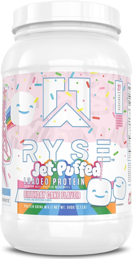 RYSE Loaded Protein Powder - Jet-Puffed Birthday Cake - 25g Whey Protein Isolate & Concent with Prebiotic Fiber & MCTs - Χαμηλή υδατανθράκη, χαμηλή ζάχαρη, Digestive-Friendly - 27 μερίδες / 2 lb Tub