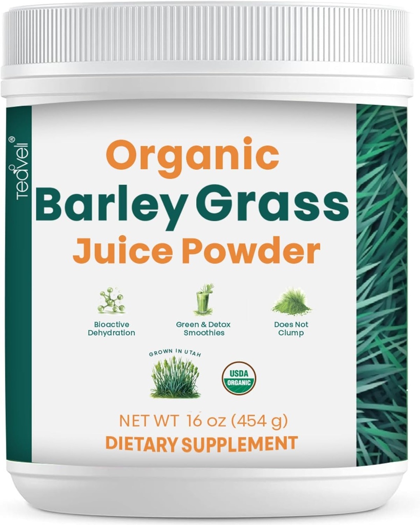 Teaveli Organic Barley Grass Juice Powder-Αναπτύσσεται και συγκομίζεται στο γονιμοποιημένο έδαφος της Γιούτα - 16 ουγγιά (454 γραμμάρια)