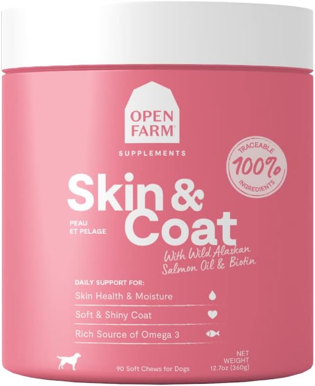 Open Farm Skin & Coat Chews, Dog Supplement, Dog Vitamins, Görülebilir ve Vet-Approved Materialss, 12.7 oz, 90 Kont