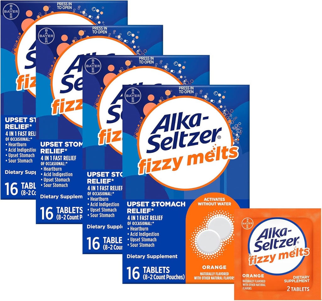 Alka-Seltzer Fizzy Melts, No Water Needed, On-Go Diyetary Supplement Antacid Tabletleri, Occasional Heartburn ve Asit Indigestion *, Orange Flavor, 64
