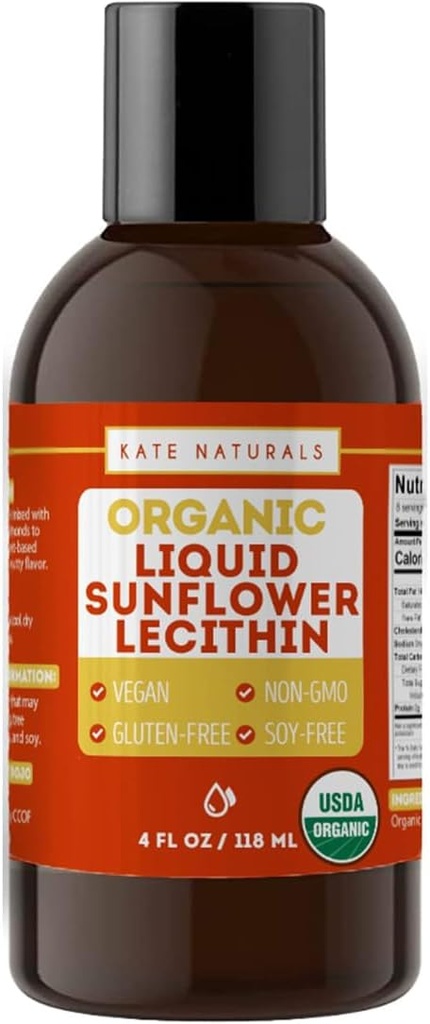 Kate Naturals Ηλιέλαιο Λεκιθίνη Υγρό για μαγείρεμα και ψήσιμο. Υγρή Λεκιθίνη για Gummies, Smoothies & συμπλήρωμα Γαλουχίας (4oz, Organic, Vegan, Gluten-free)