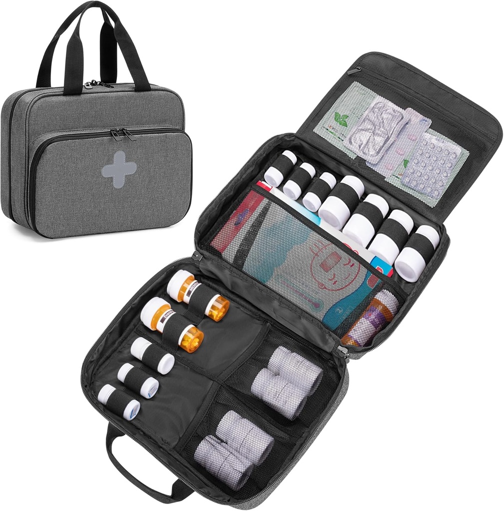 CURM Pill Şişe Organizer Portatif Tıp Bag, Pill Şişeler, Vitaminler, Ev Depolama ve Seyahat için Tıbbi Supplementler, Gray (Empty Medicine Bag)
