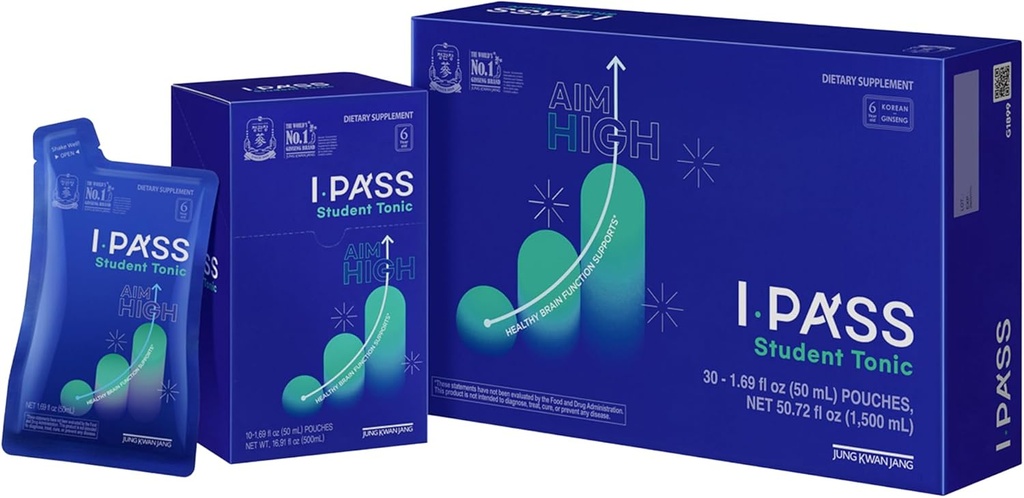 JungKwanJang iPass Öğrenci Tonic - Adaptogen Energy Drink Supplement with Korean Red BTC, Jujube, Astragalus & Angelica - Okul ve Faaliyetler için Günlük Destek (30 Pouches, 1.69 fl oz)