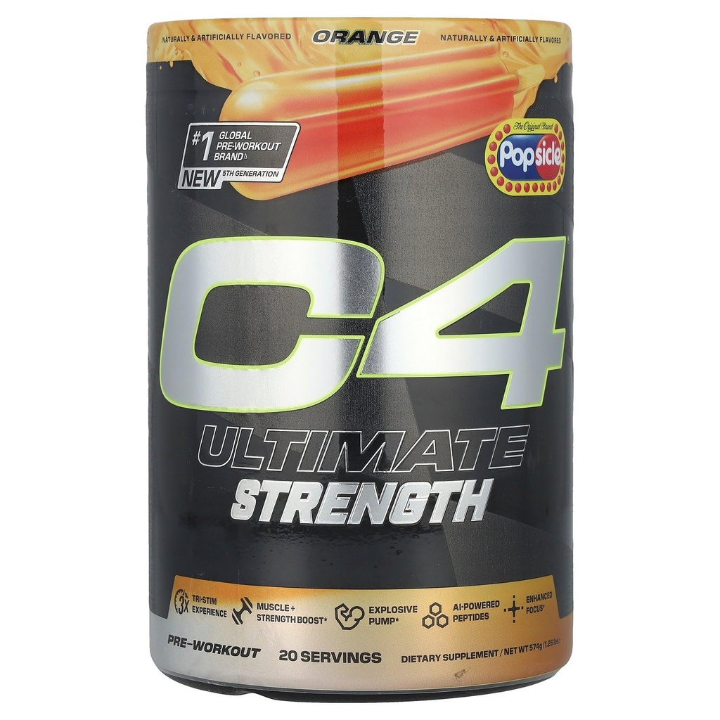 Hücre C4 Ultimate Strength Pre Workout Toz - Tri-Stim Deneyimi 300 mg Caffeine+TeaCrine+Dynamin - Kretine & Beta-Alanine - Energy Supplement for Men & Women - Orange Popsicle, 20 Servisler