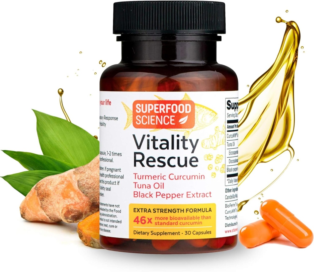 Vitality recovery, Fish Oil D EPA Omega Omega 3 ve Turmeric Supplement w/Bioperin, CurcuWin 46X Superior Abxia Curcumin to Support Workout Recovery, Common, Muscle, Cardio & Brain Health, 30 Capsules