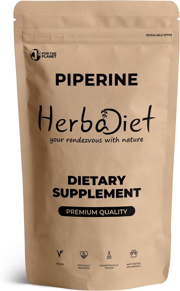 Herbadiet Piperine 95 Toz | Black Pepper Extract Toz% Hplc | Bioavailability Advancedr, Boosts Nutrients Uptake| Gluten Free, Non-GMO Bulk Supplement (0.35 oz / 10 gm)
