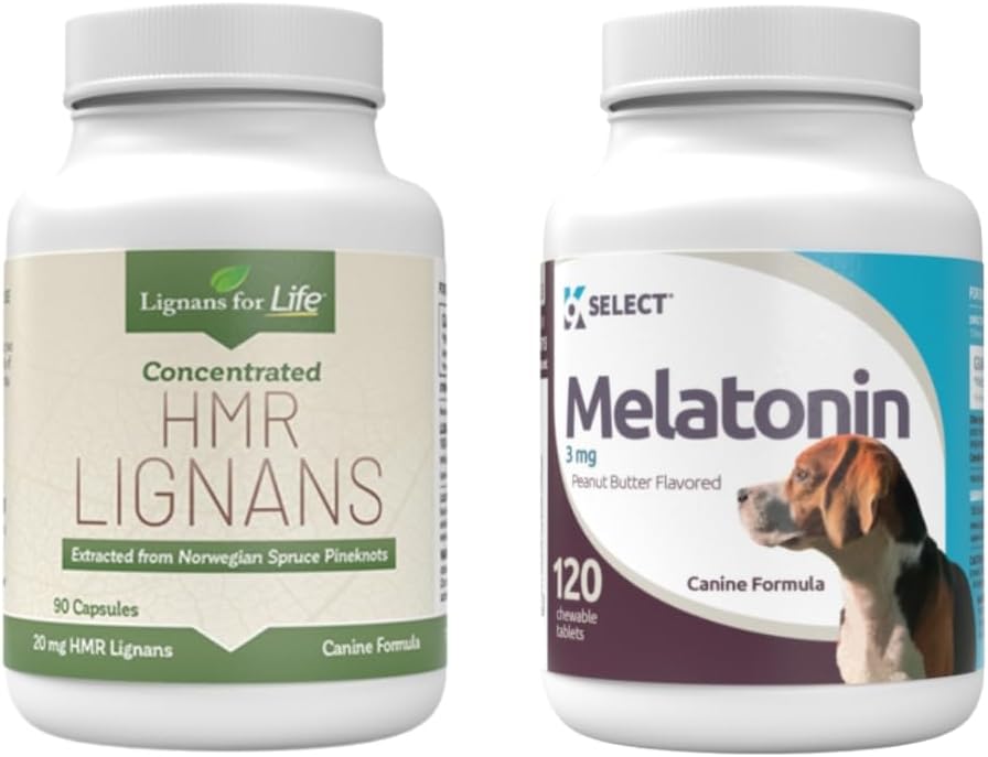 Lignans for Life & K9 Select Pet Care Sche - HMR Lignans 20mg, 90 Capsules - Melatonin & 3 mg, 120 Peanut Butter Flavored Tabletler - Multivitamin Dog Wellness Supplement Tedaviler - Orta Boyut Dog Breed