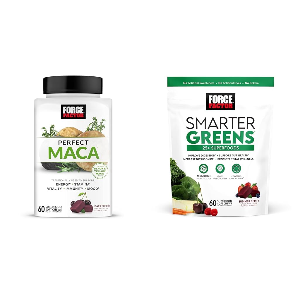 Force Factor Maca Root and Greens Superfood Μαλακά μάσημα Bundle με 60 μαλακά μάσημα το καθένα