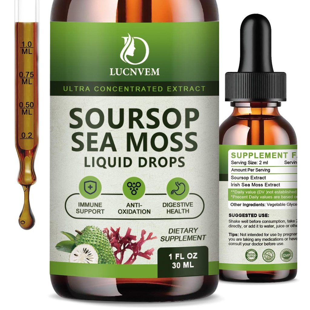(2 Πακέτο) Βιολογικά Soursop Graviola με υγρές σταγόνες θαλασσινών Moss, bitters Soursop πλούσια σε πολυβιταμίνη για φυσικό αντιοξειδωτικό, ανοσοενισχυτικό, υποστήριξη & αναγέννηση κυττάρων, γεύση ανανά