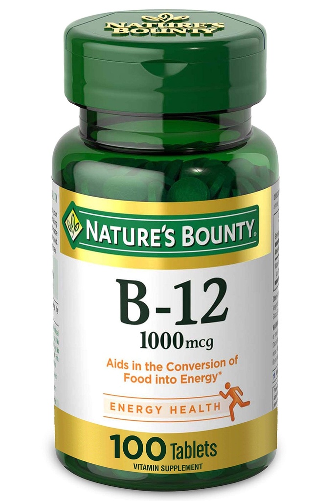 Nature's Bounty Vitamin B12, Enerji Metabolism, 1000 mcg, 100 Count.