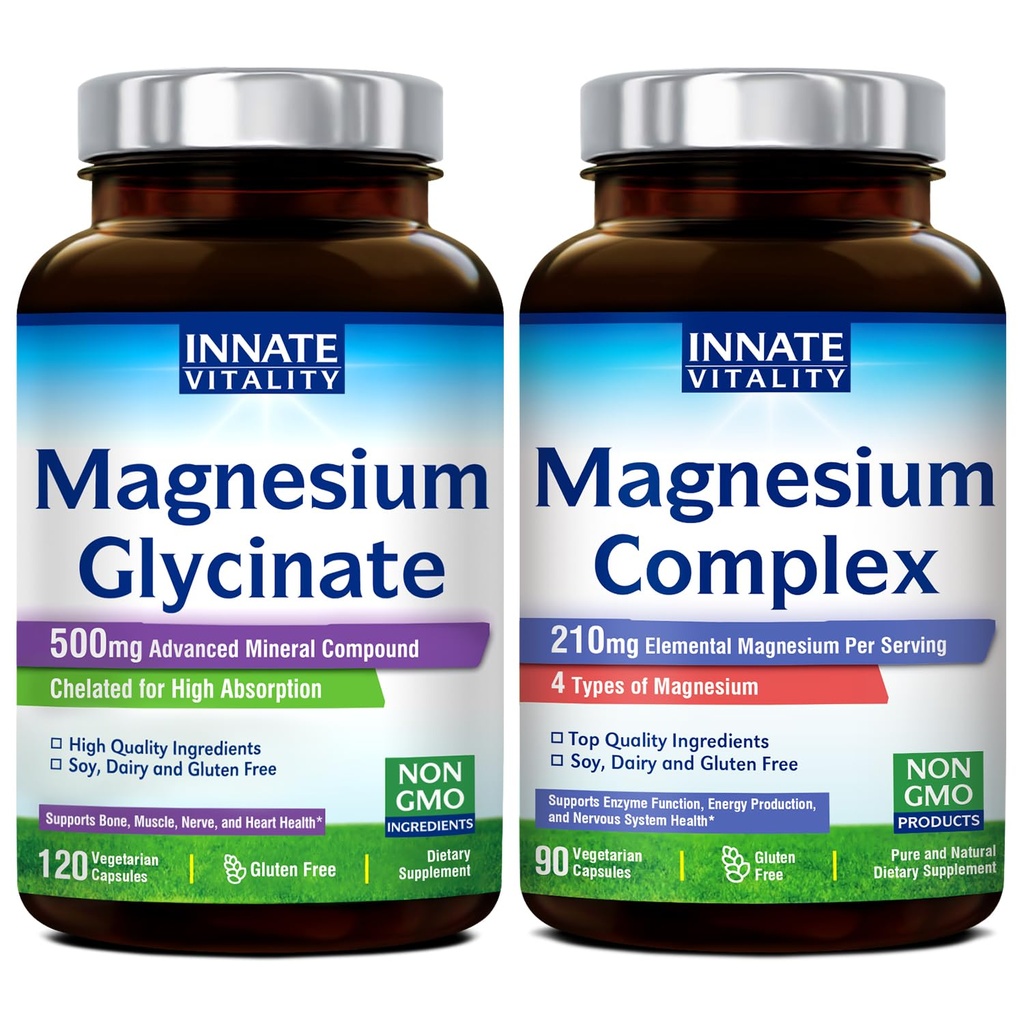 Ένζυμο Glycinate & Magnesium Complex Bundle, Μη ΓΤΟ Χωρίς Γλουτένη & Vegan, Mg Glycinate (120 Caps) & Mg Complex (90 Caps), Συσκευασία Αξίας, Bundle & Save