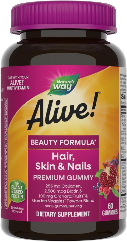 Doğanın Yolu Alive! Saç, Skin & Nails Premium Gummies, Beauty Formula*, Collagen, Biotin, Vitaminler C & E, Strawberry Flavored, 60 Gummies