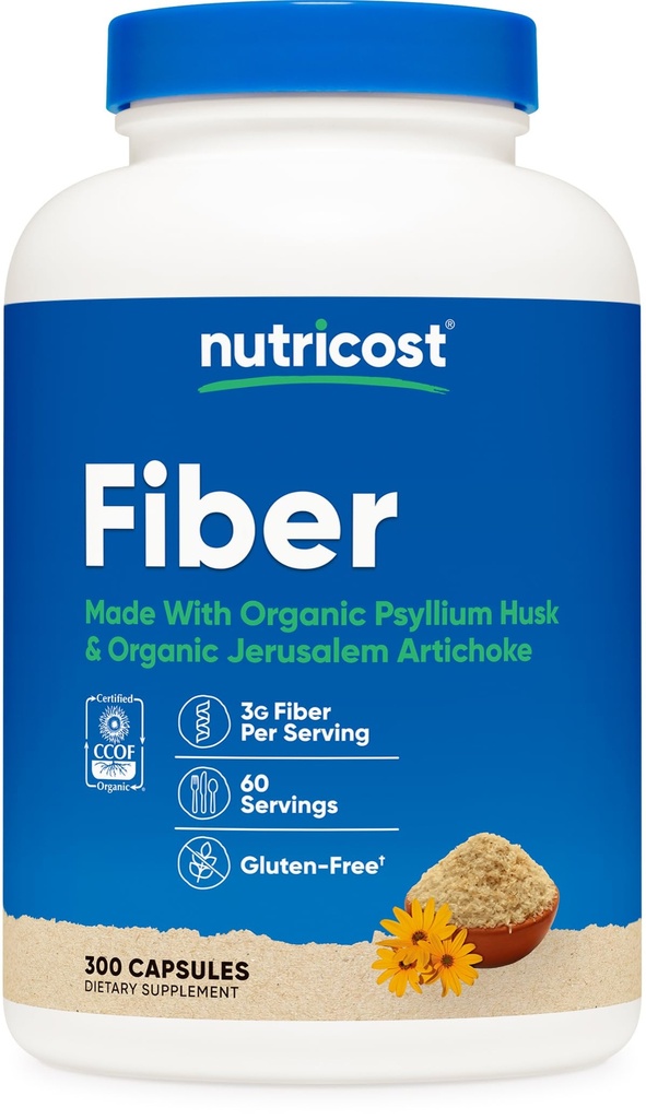 Prebiyotik Fiber Supplement 300 Capsules ile Nutricost Fiber Capsules - Organik Psyllium Husk & Organik Kudüs Artichoke, 60 Hizmet, Gluten Free, 3 G Per