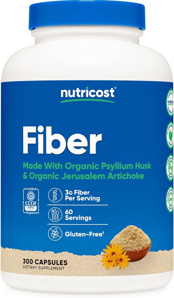 Prebiyotik Fiber Supplement 300 Capsules ile Nutricost Fiber Capsules - Organik Psyllium Husk & Organik Kudüs Artichoke, 60 Hizmet, Gluten Free, 3 G Per