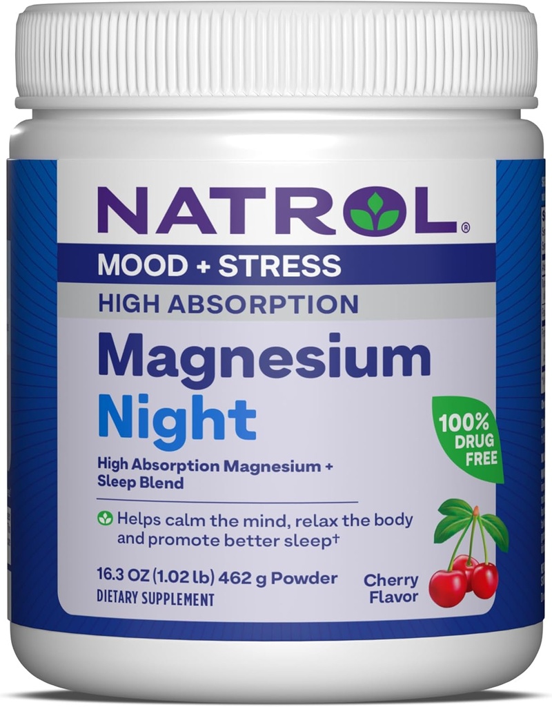 Natrol Magnezyum Gecesi 325 mg, Yüksek Abhidrasyon Magnezyum ve Sleep Mix Calm The Mind, Relax The Body ve Better Sleep, 16.3 OZ of Cherry-Flavored Toz, 60 Day Supply