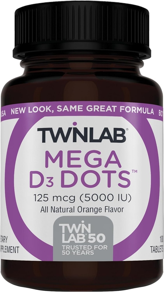 Twinlab Mega D-3 κουκκίδες - Συμπλήρωμα βιταμίνης D για την ανοσοποιητική υγεία και την υποστήριξη των οστών - 100 δισκία πορτοκάλι, 125 mcg (5000 IU) (πακέτο των 2)