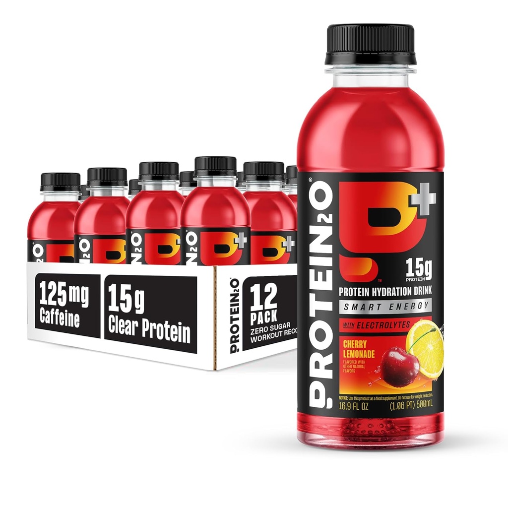 Protein2o 15g Whey Protein Isolate Hydration Drink Plus Energy & Focus, 350 mg of Electrolytes, 125 mg of Caffeine, Sugar Free, Cherry Lemonade, 16.9 oz Şişe (Pazar 12)