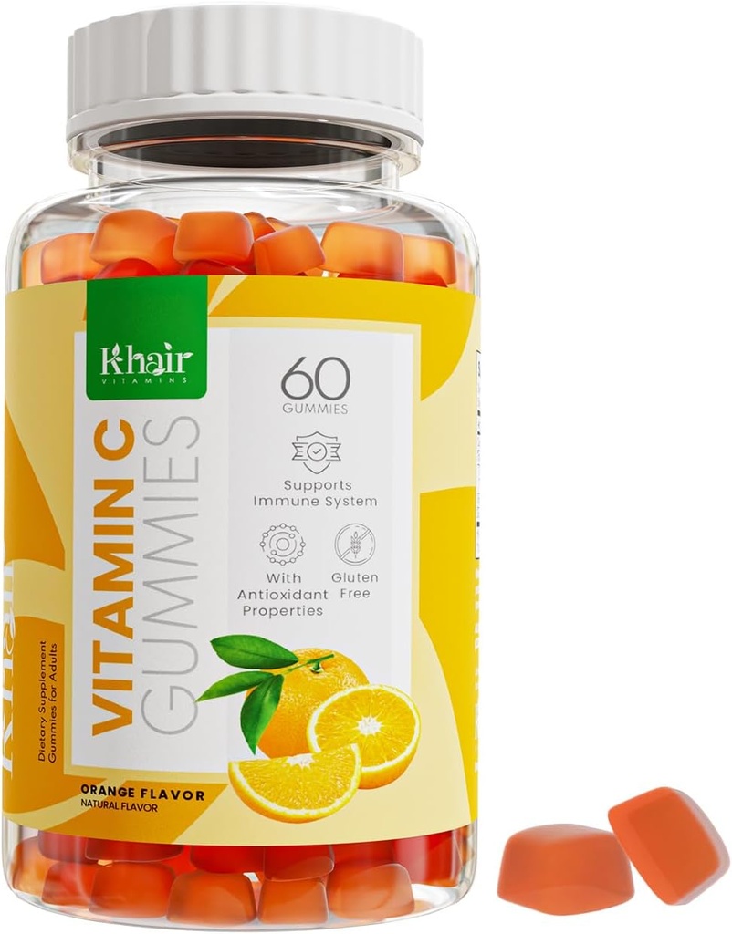 Khair Halal Vitamin C Gummies - GMO, Gluten-Free, Gelatin-Free, Vegetarian - Immune Support Gummies, Halal Yetişkinler ve Çocuklar için Vitaminler - 60 Gummies