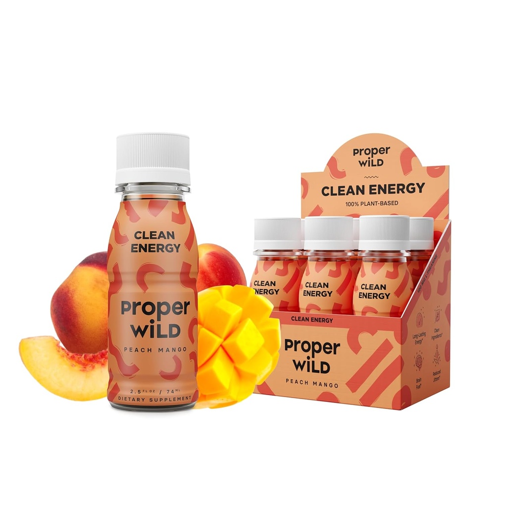 Proper Wild Vegan Energy Shots, L-Theanine ve Organik Caffeine, Clean Plantive Energy Drink, Gluten-Free, GMO-Free, Dairy-Free, Stevia-Free, Soy-Free, Peach Mango, 2.5 Fl Oz, 6 Pack