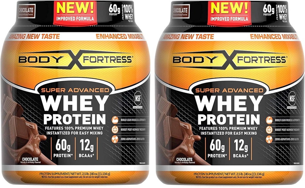 Body Fortress Super Advanced Whey Protein Toz, Gluten Free, Chocolate Flavor, 2 Pound, 2 Pound Pack of 2