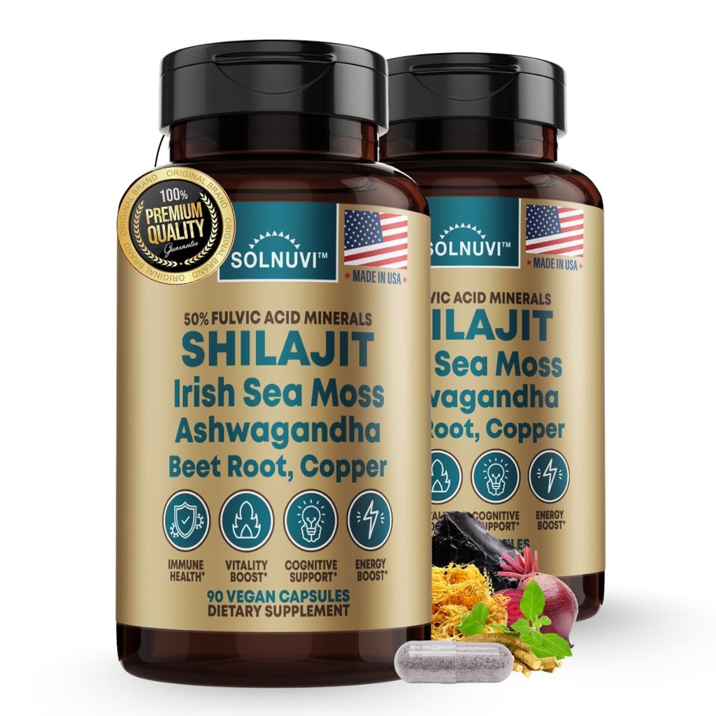 Shilajit Pure Himalayan Organic Capsules with Irish Sea Moss, Ashwagandha, Copper, Beet Root - Fulvic Acid Minerals Supplement for Men & Women - 90, Count-GMO, Gluten-Free