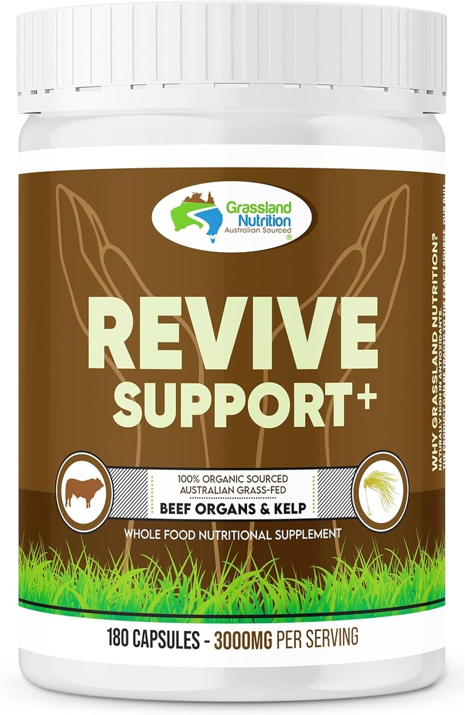 GRASSLAND NUTRITION 100% Organik Avustralya: Revive Support Beef Organı - Doğal B12, Iodine, Iron & Vitamin A (180 Capsules)