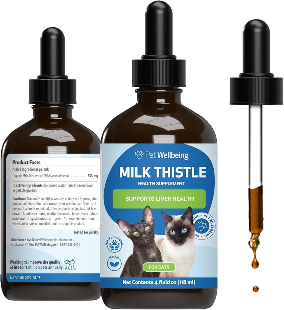 Pet Wellbeing Milk Thittle για Γάτες - Βιολογικό Γαϊδουράγκαθο Γάλα, Υποστηρίζει Υγιεινή λειτουργία ήπατος & Αποτοξίνωση - Vet-Formulated συμπλήρωμα βοτάνων - 4 oz (118 ml)