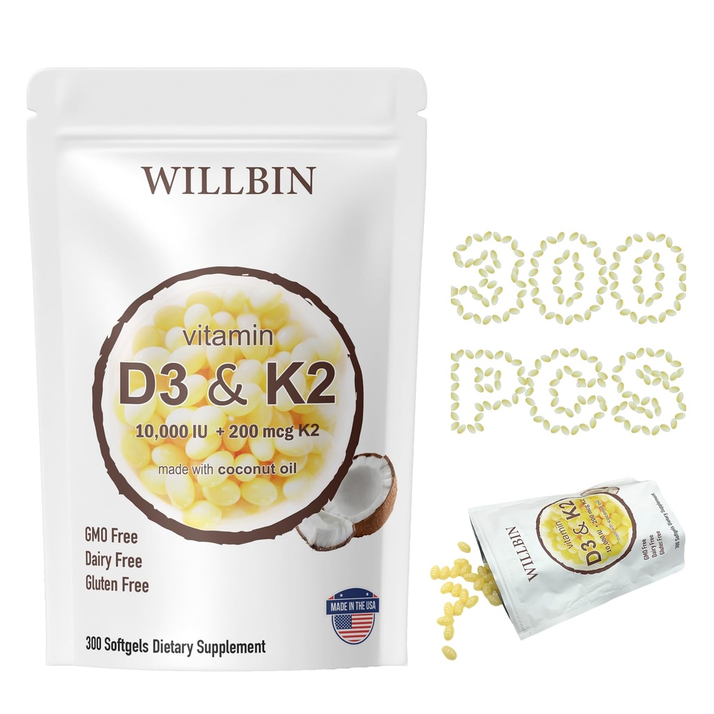 300 D3 10000 iu Plus K2 (MK-7) 200 mcg, Coconut Oil Yumuşakgels with Vitamins D & K, Supports Bone, Heart & Immune Health - Easy to Swallow & Non-GMOMO