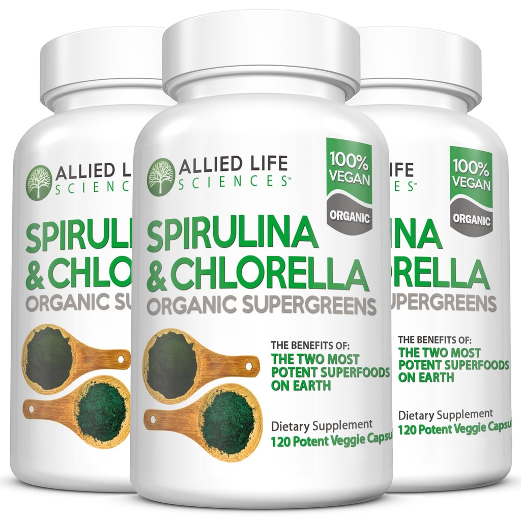 Müttefik Yaşam Spirulina ve Chlorella | Organik Klorophyll Vegan Protein Toz Yeşil Superfood Capsules | Natural Immune Support (3 Şişe Pack)