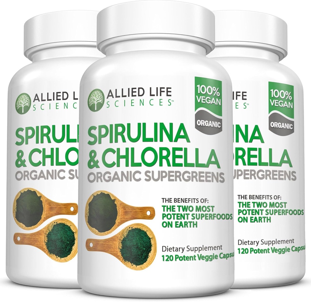 Müttefik Yaşam Spirulina ve Chlorella | Organik Klorophyll Vegan Protein Toz Yeşil Superfood Capsules | Natural Immune Support (3 Şişe Pack)