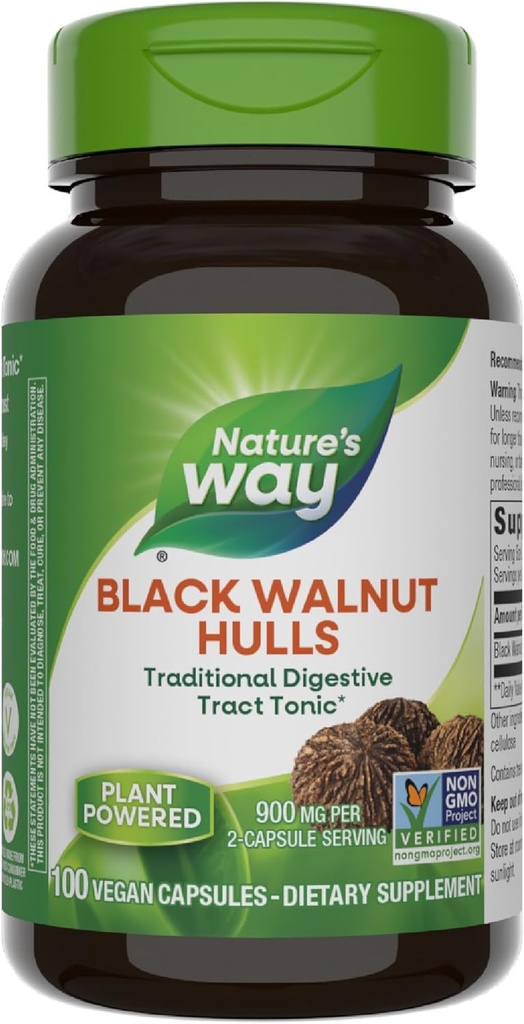 Nature's Way Black Walnut Hulls, Traditional Digestive Tract Tonic*, 900 mg per 2Capsule Service, Non-GMO Project TY, Vegan, 100 Capsules (Pazar Mayıs Vary)