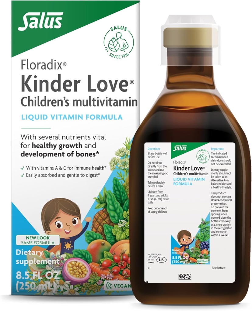 Floradix Kinder Love Children's Multivitamin - Herbal Supplement - Çocuklar için Sıvı Çokvitamin - A, C, D & E,dis & More - Vegetarian, Non-GMO, Gluten-Free - 8.5 fl oz