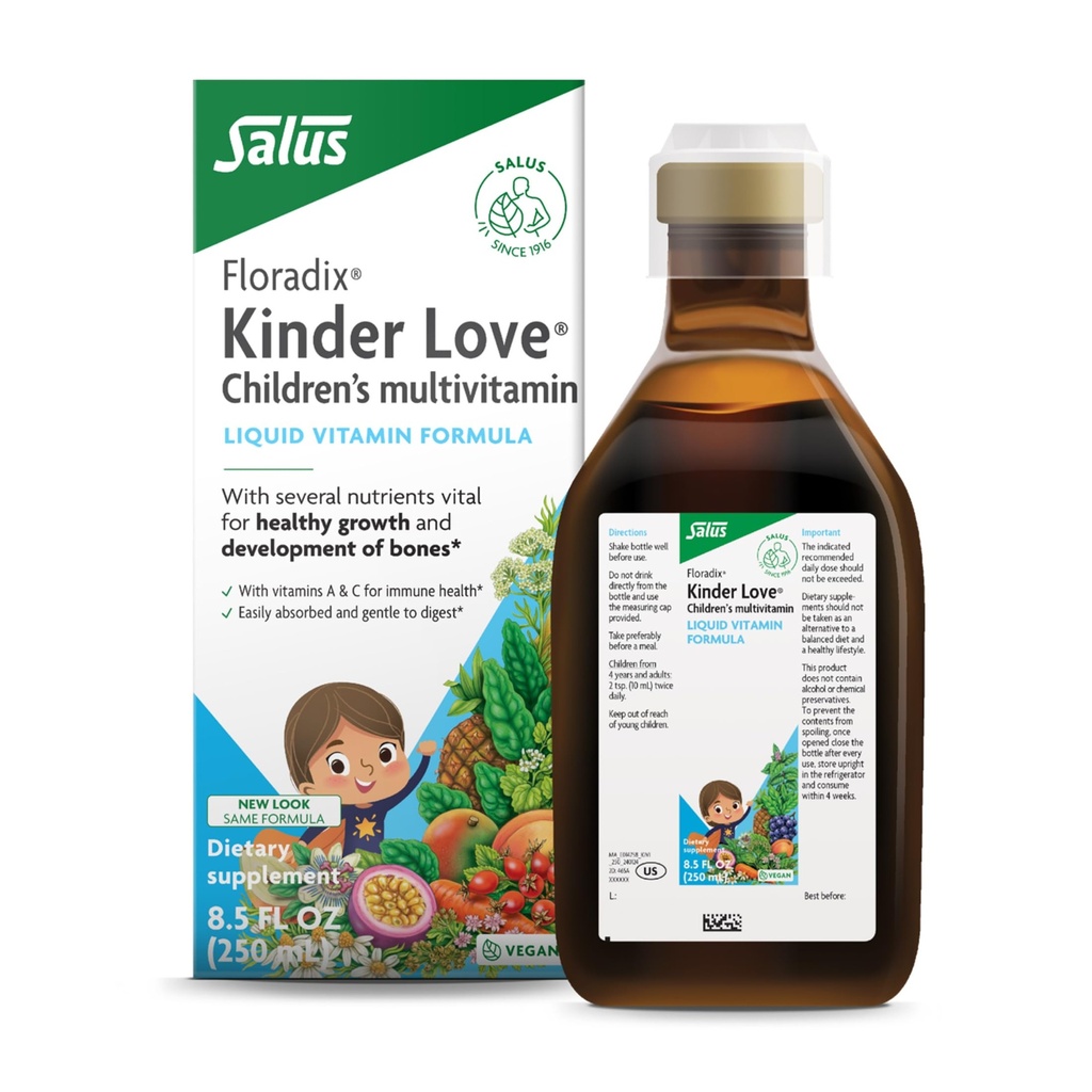 Floradix Kinder Love Children's Multivitamin - Herbal Supplement - Çocuklar için Sıvı Çokvitamin - A, C, D & E,dis & More - Vegetarian, Non-GMO, Gluten-Free - 8.5 fl oz