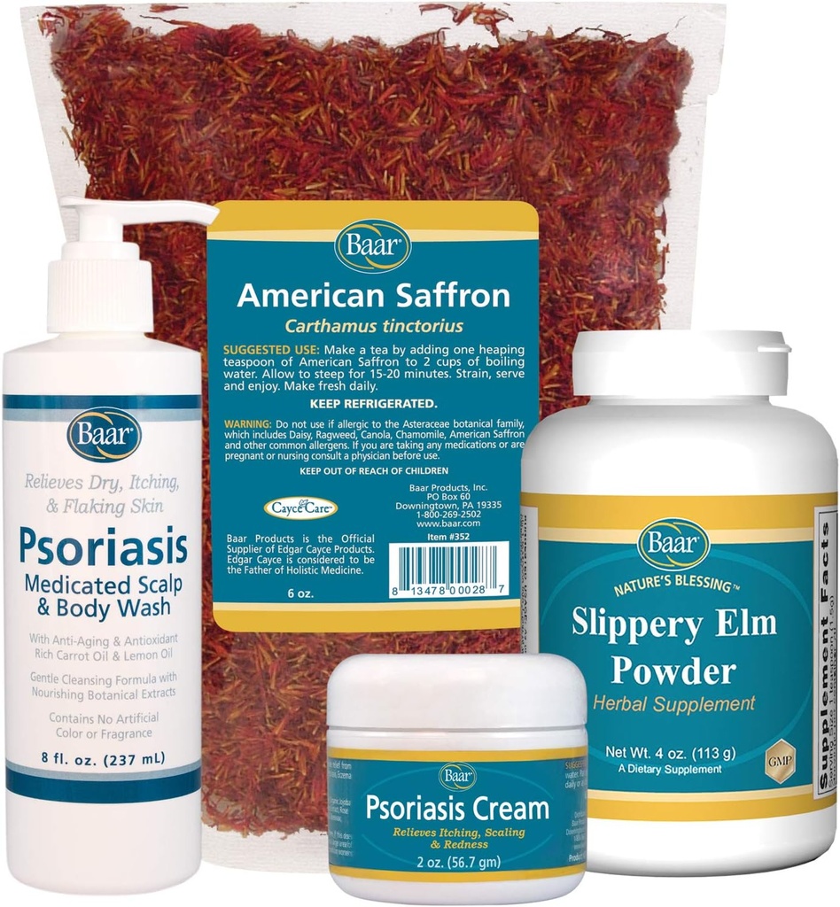 Psoriasis Care Kit - Amerikan Saffron Çay, Terpery Elm Bark Toz, Psoriasis Scalp ve Body Wash, ve Psoriasis Cream içerir. Kitapta önerilen 4 eşya Dr. John Pagano