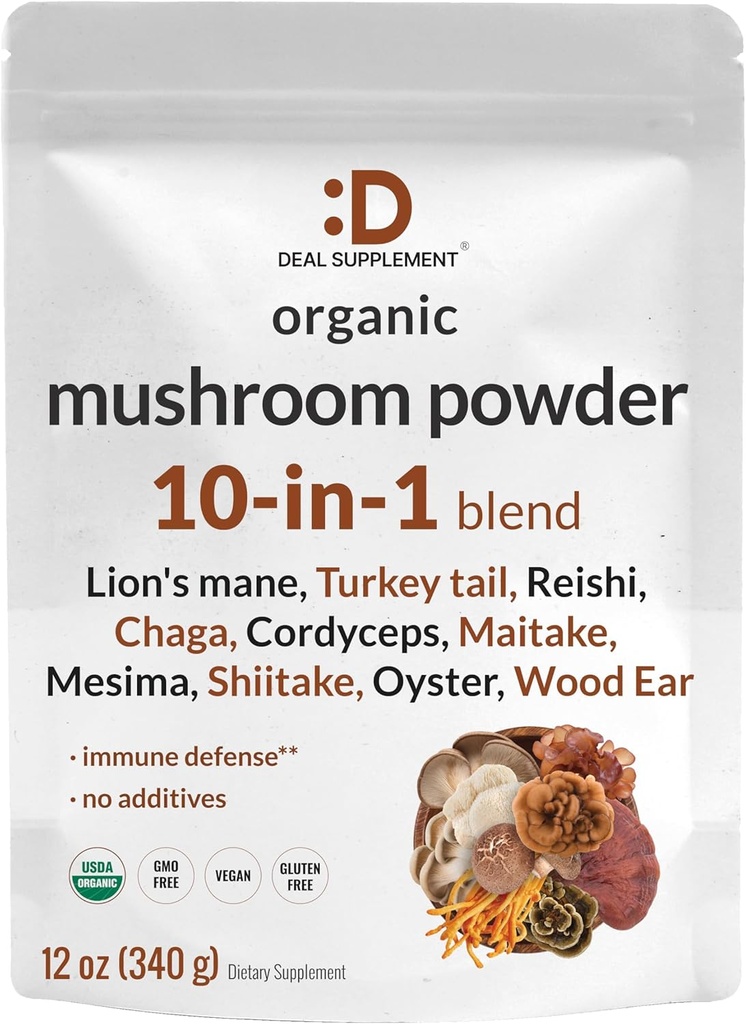 DEAL SUPPLEMENT Organik Mushroom Toz Supplement, 12oz – 1 Active Blend – Shiitake, Lions Mane, Cordyceps, Chaga, More – Supports Immune, Energy, & Brain Health – Non-GMO, Vegan