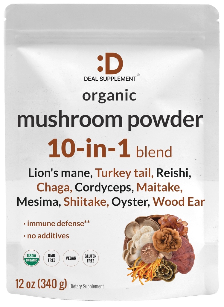 DEAL SUPPLEMENT Organik Mushroom Toz Supplement, 12oz – 1 Active Blend – Shiitake, Lions Mane, Cordyceps, Chaga, More – Supports Immune, Energy, & Brain Health – Non-GMO, Vegan