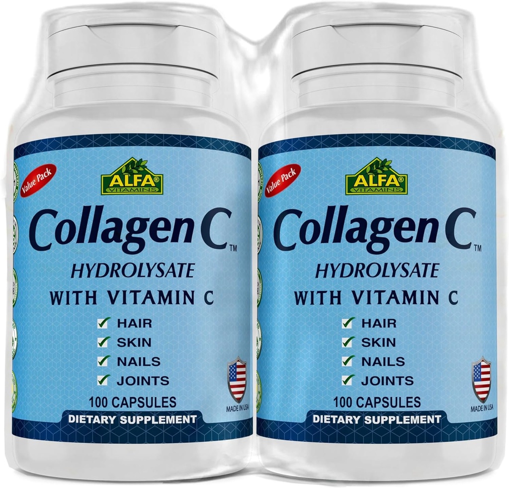 CollagenC Hydrolysate by Alfa Vitamins - Contains biotin and Vitamin C - 100 Capsules Her - 2 Pack
