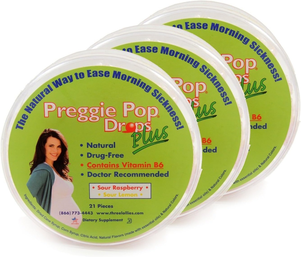 Τρεις Lollyes Preggie Pop Drops Plus με κάψουλες Β6, Sour Raspberry/Lemon, 3 Count