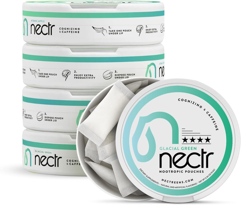 Nectr Energy Nootropic Pouches – Glacial Green Wintergreen Caffeine Pouches with Cog Atari® Citicoline. Sugar-Free Brain Treats. Parlak, Sustained Focus & Energy Supplement - 16parçalının 5 Pucks