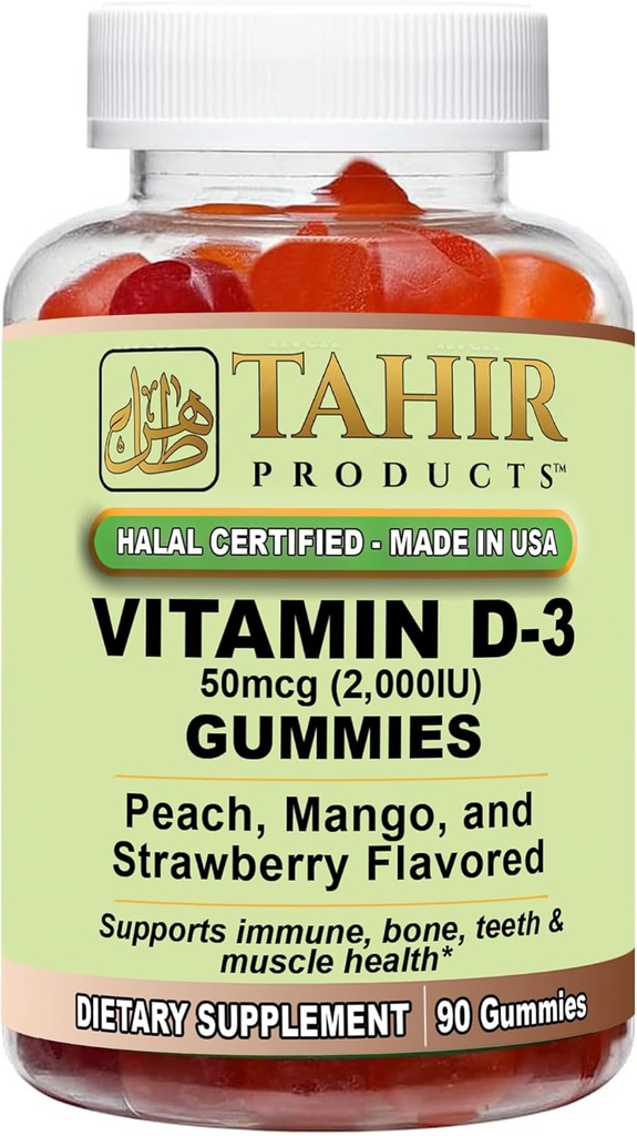 Tahir Halal Vitamin D3 2000 IU Gummies – Bone & Immune Health, The Muscle Function, Gluten-Free, Gelatin-Free, 90 Natural Fruit Flavor Gummies, Made in USA – Hell Sertifikalı