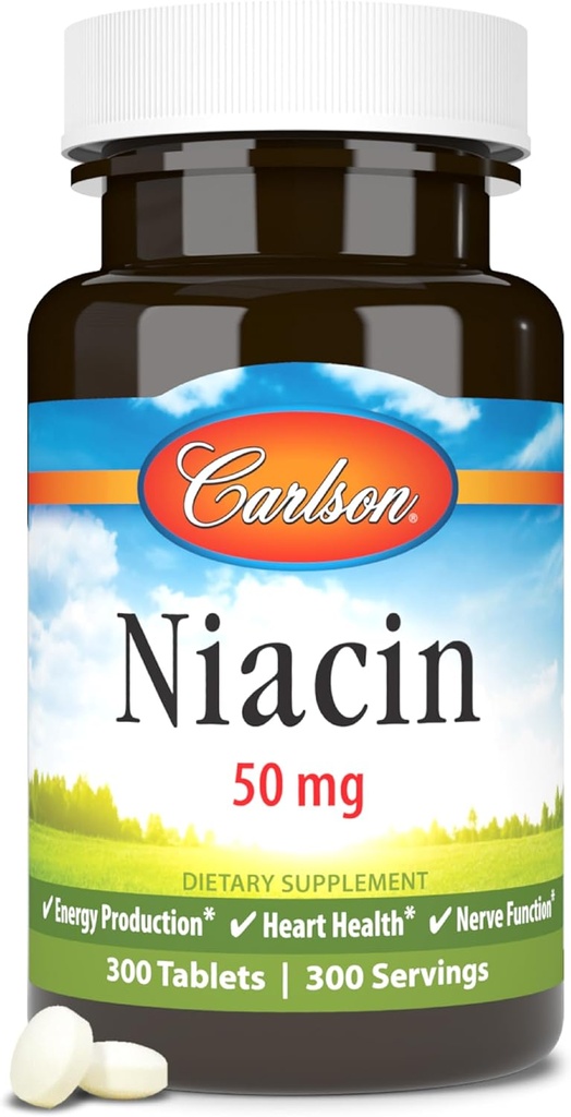 Carlson - Niacin, 50 mg, Cholesterol Metabolism, Enerji Üretimi, Kalp Sağlığı, Nerve Fonksiyonl, 300 Tablet