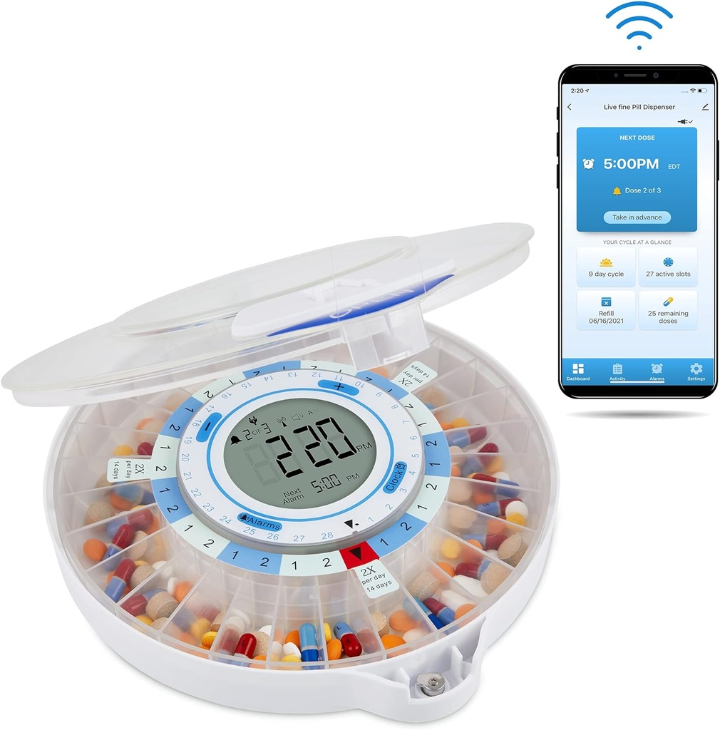 Live Fine Smart Wi-Fi Αυτόματος Διανομέας Χάπια 28-Ημερών Διοργανωτής φαρμακευτικής αγωγής Μέχρι 9 Δόσεις ανά ημέρα για την παρακολούθηση φροντίδας με Κλείδωμα Κλείδωμα Κλειδιού, Ρυθμιζόμενου Φωτός / Ήχου Συναγερμοί για Συνταγές & Βιταμίνες