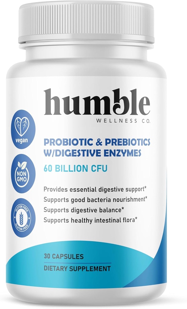 Organic Prebiotics + Probiotics Supplement - 60 Billion CFU, Digestive Enzymes, Shelf Stable, Made in USA