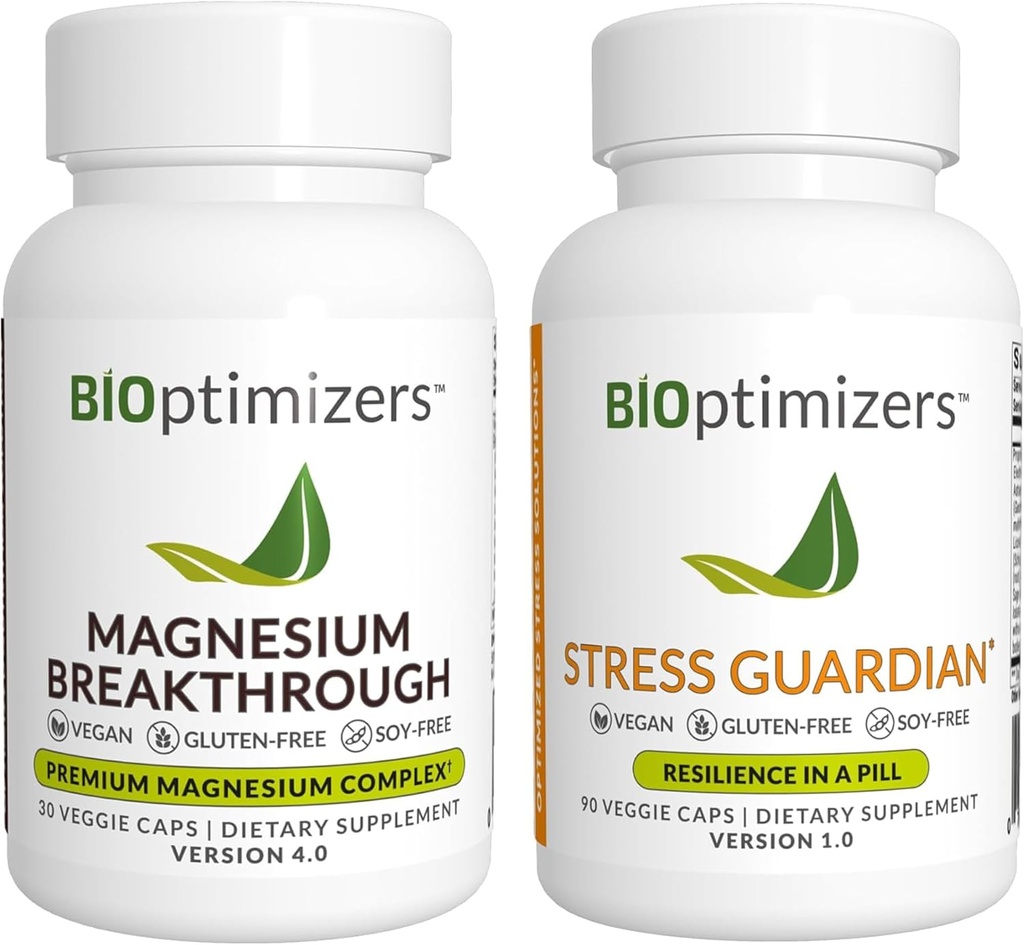 BiOptimizers Magnesium Breakthrough 4.0, (30 κάψουλες) & Stress Guardian, (90 κάψουλες) - Φυσικός ύπνος, εγκέφαλος, και το άγχος συμπλήρωμα υποστήριξης Bundle