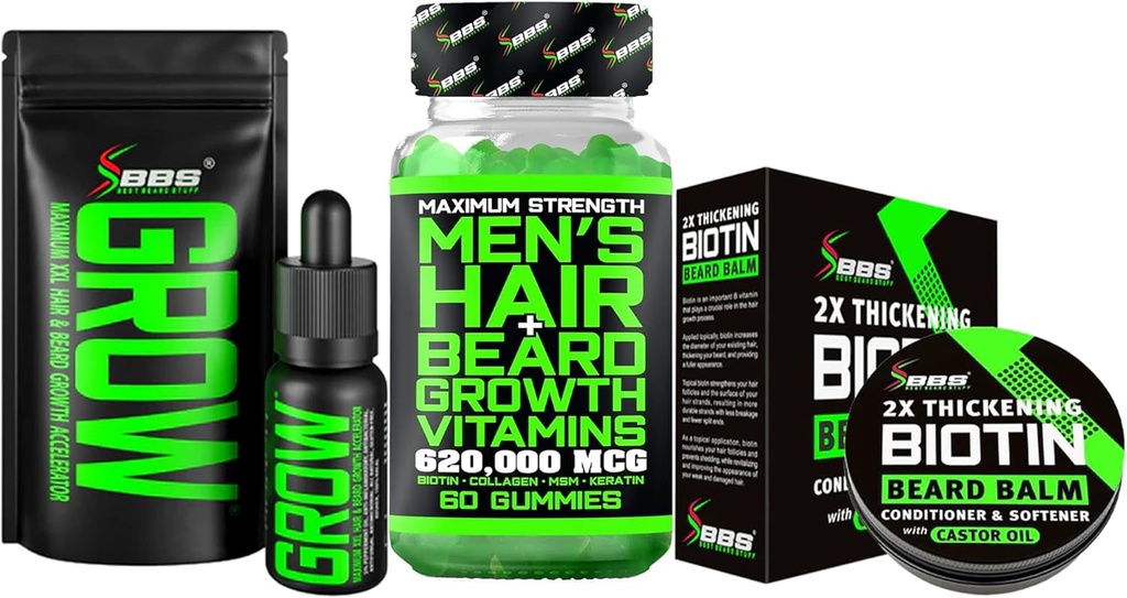Beard growth Kit w/ 2Xing Biotin Beard Balm for Men & Mustache Wax + Grow Mustache Serum & Face Hair Oil + 14-in-1 Biotin Gummies & Hair Growth Vitamins for Men - Amerika'da Formüled