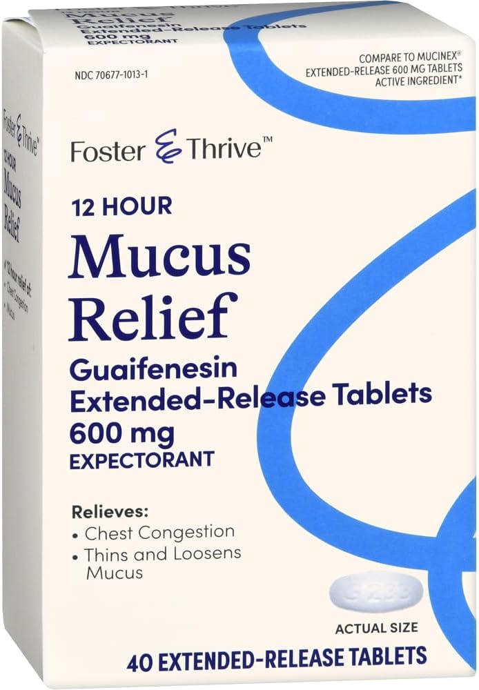 Foster & Thrive Chest Congestion Mucus Extended release, 600 mg Guaifenesin Relieves Chest Congestion Caused by Excess Mucus, (Compare to Mucinex 12 Hour Extended release), 40 Tabletler