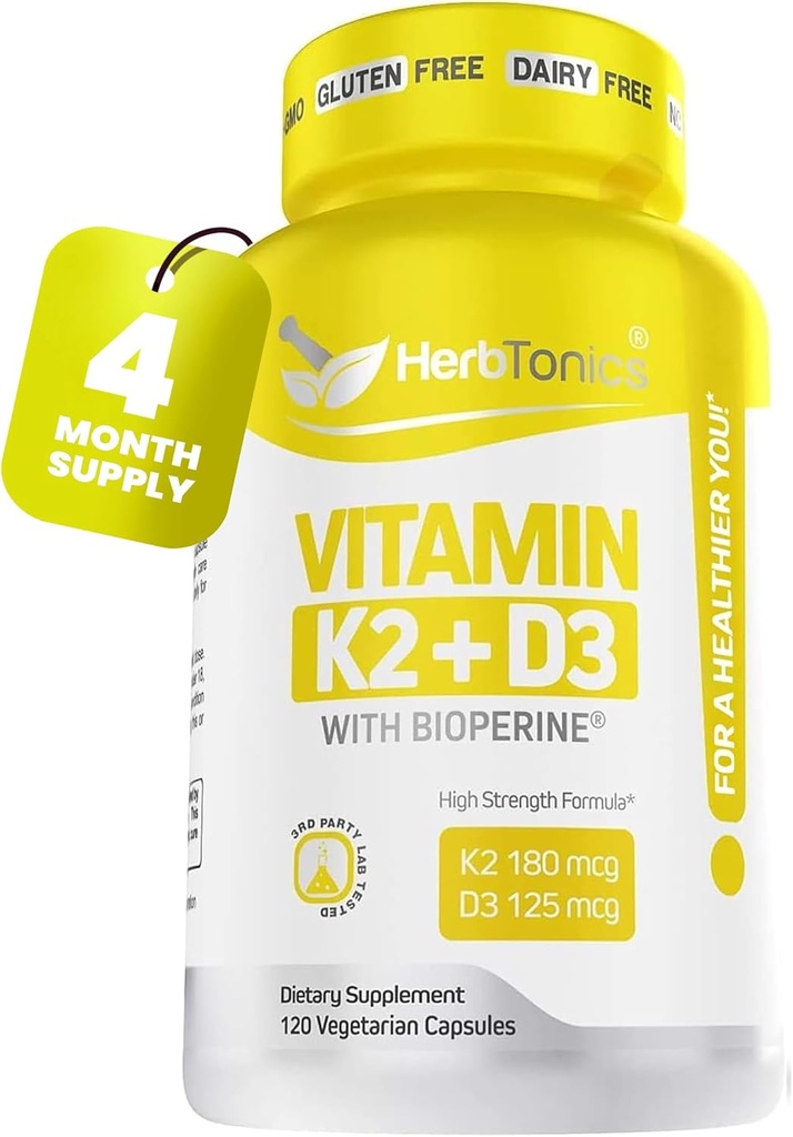 Immune Sistem Desteği K2 (MK7) D3 5000 Iu Supplement + Bioperine (Black Pepper) | Güçlü Bones & Heart Health | K2 D3 Kompleks | Swallow 120 Veg Capsules
