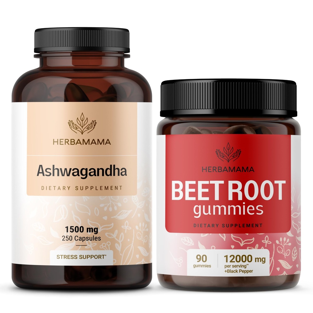 HERBAMAMA Ashwagandha ve Beet Root Kit - 1500 mg Ashwagandha Root Capsules & 1500 mg Beet Root Gummies - Vegan, Non-GMO, Gelatin-Free - 2 Pack