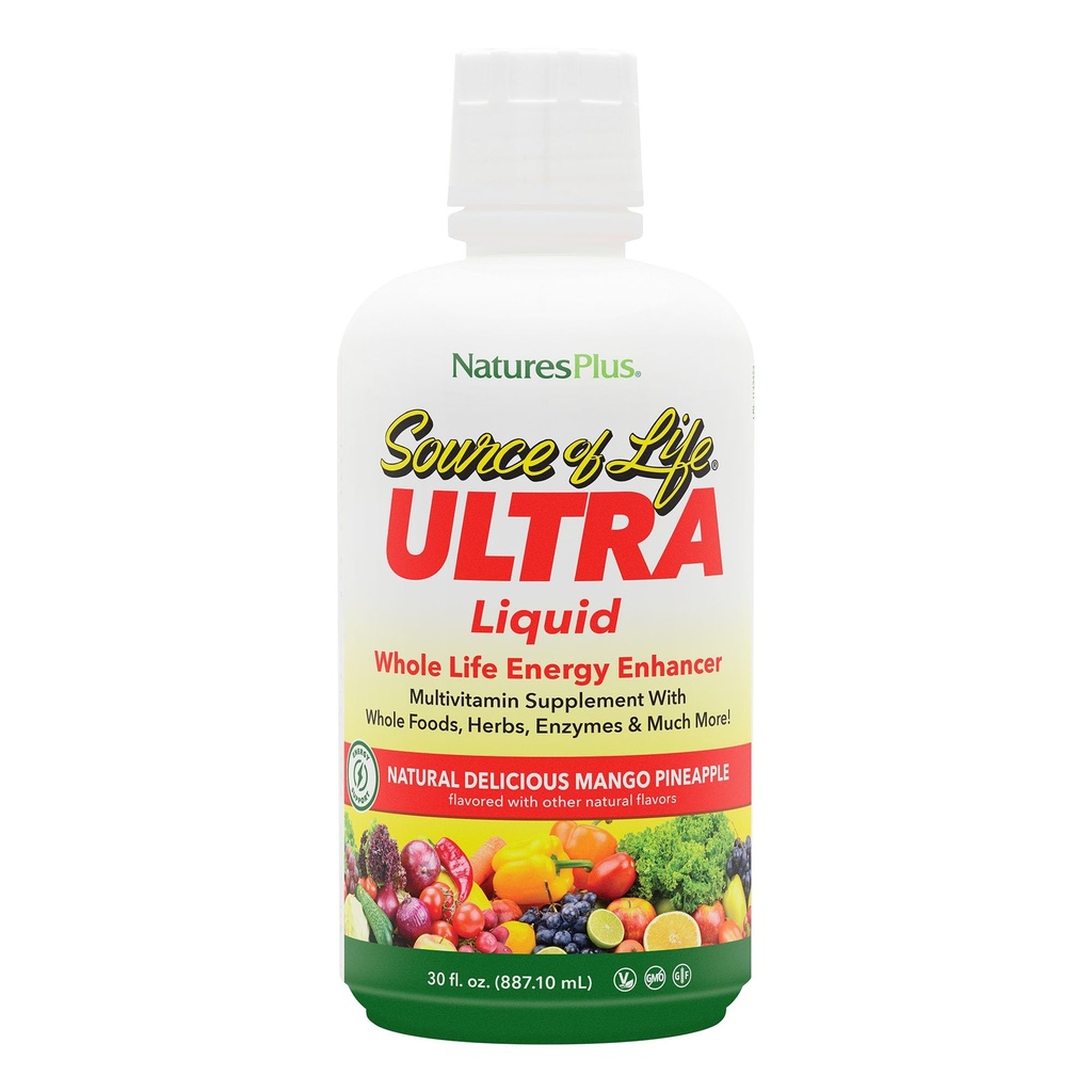 NaturesPlus Ultra Source of Life Liquid - 30 fl oz - Mango Pineapple Flavor - Multivitamin Supplement with Vitamin D3 and Lutein - Χορτοφαγική, χωρίς γλουτένη - 30 Σερβιέτες
