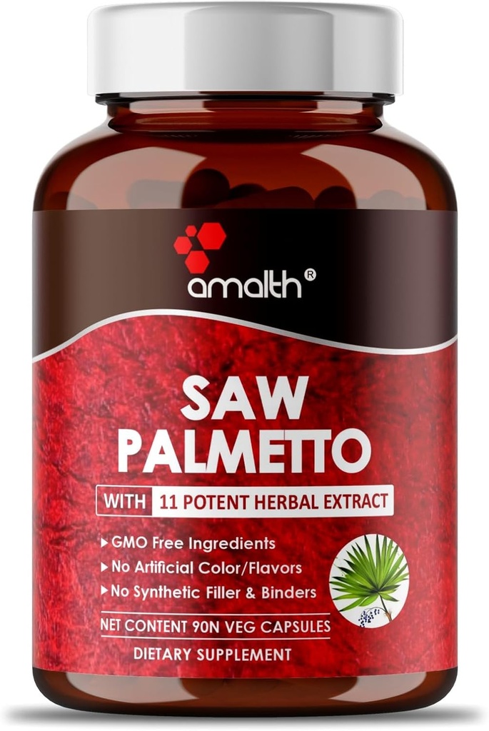 AMALTH Premium Saw Palmetto Capsule- Extra Strength Formulated with Ashwagandha, Tribulus, Ginger, Maca, Holy Basil ve More Natural Prostate Support, 90 Capsule